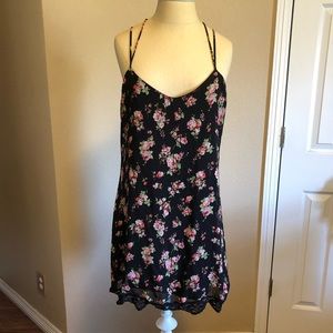 Pins and Needles Black Floral Slip Dress with Lace Trim, Size M